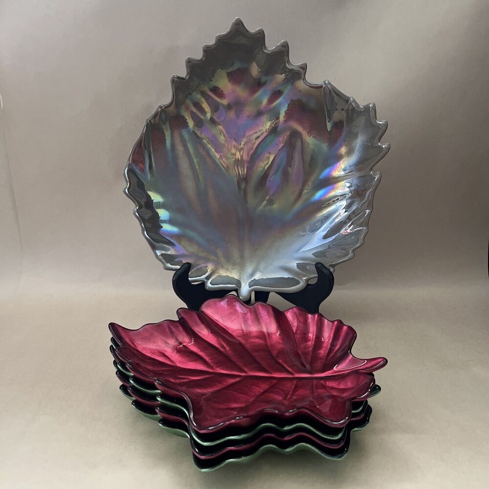 5 pc Glass Ceramic‎ Maple Leaf Handcrafted Tray Candy Dish Green/Red/Gray